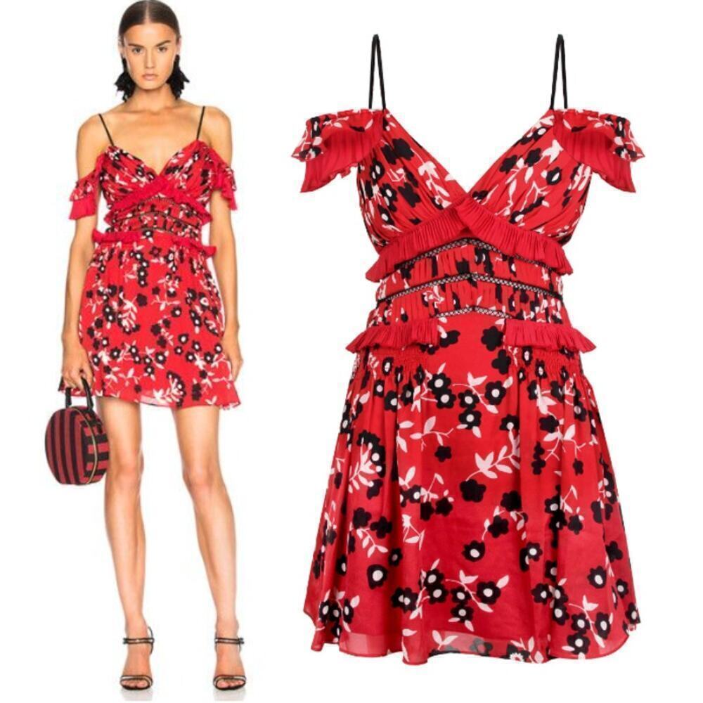 SELF-PORTRAIT RED AND BLACK FLORAL MINI DRESS Size US 10